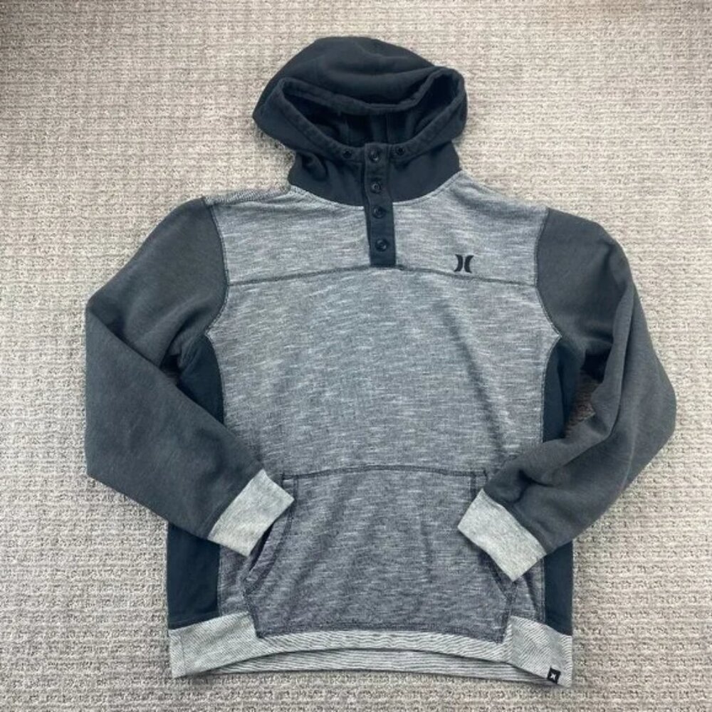 Hurley Sweater Men Large L Gray Hoodie Pull Over 1/4 Button Casual Logo Sports